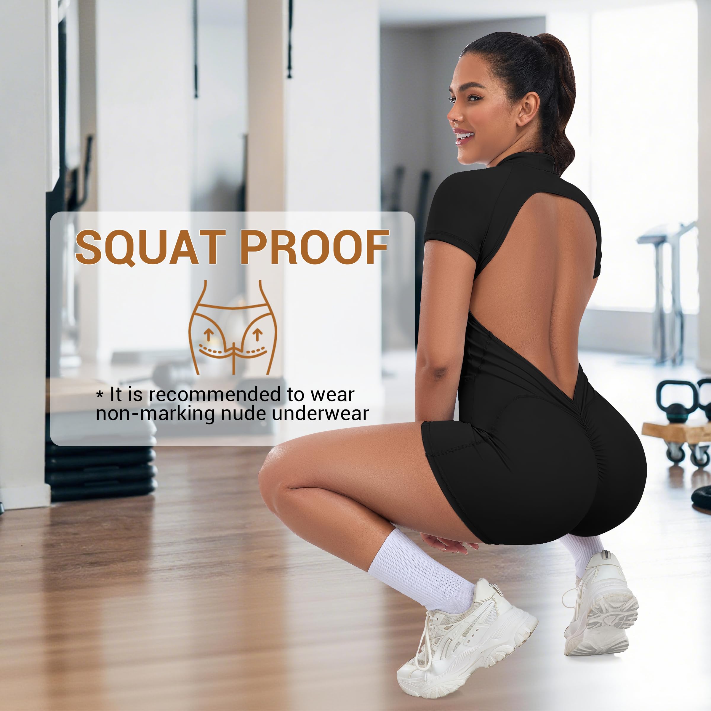 STARBILD Mujer Mono Corto Deportivo con Cremallera Mangas Cortas, Gym Jumpsuits Short Zipper Push Up, V Back Scrunch Butt Una Pieza para Pilates Yoga Fitness Gimnasio