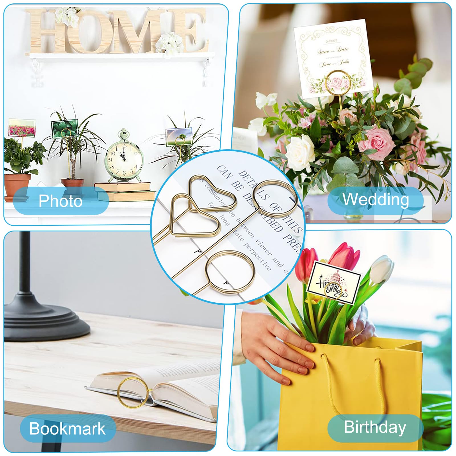 100 Segnaposto Floreali In Filo Metallico - Forme Cuore E Rotondo, Per Matrimoni E Feste, Oro - Foto 2