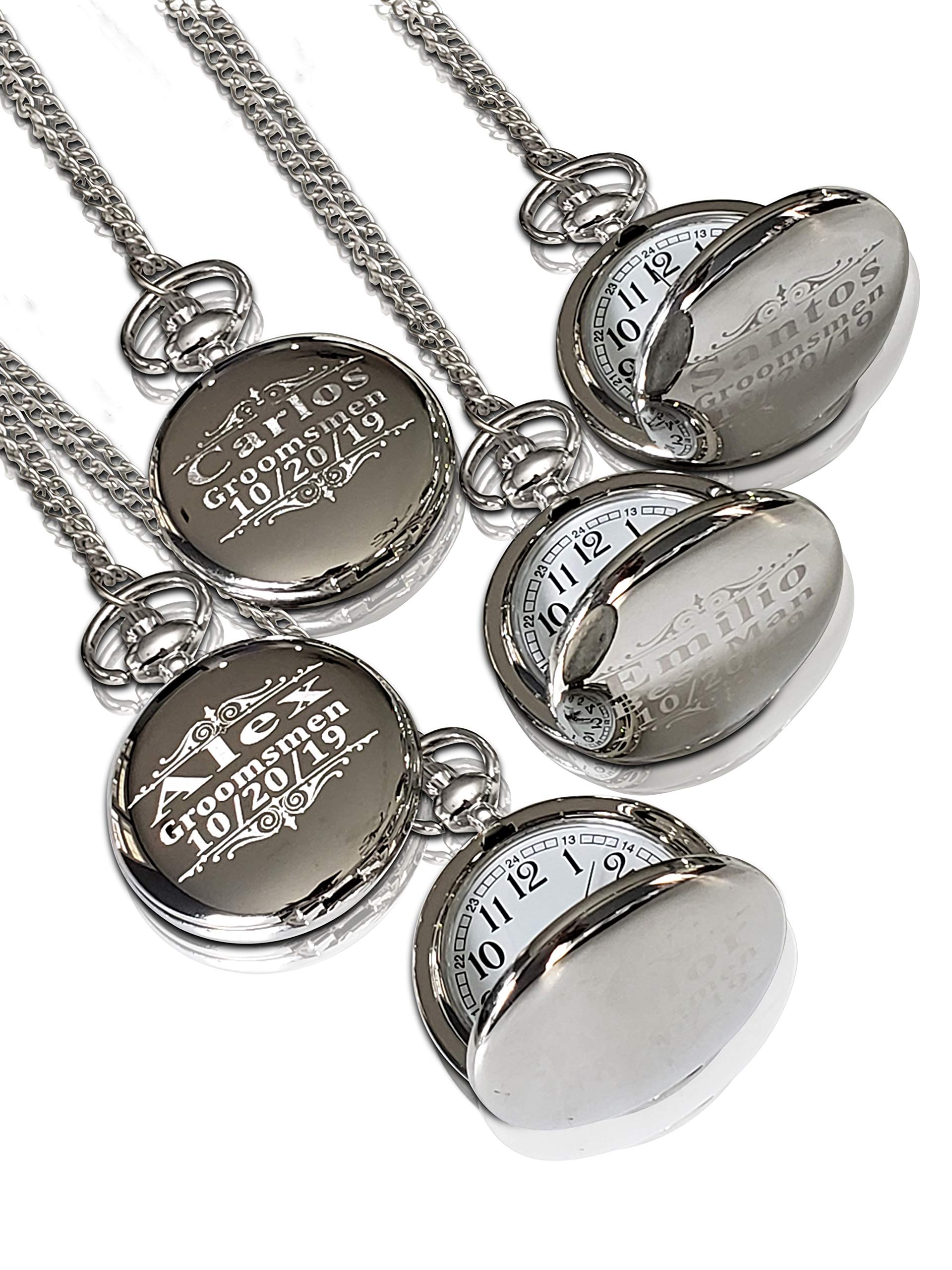 7 Engraved Pocket Watches, Set of 7 Groomsmen Wedding Unique Gifts, Chain, Box and Engraving Included, Comes in 4 Colors, His and her Gifts (Silver)