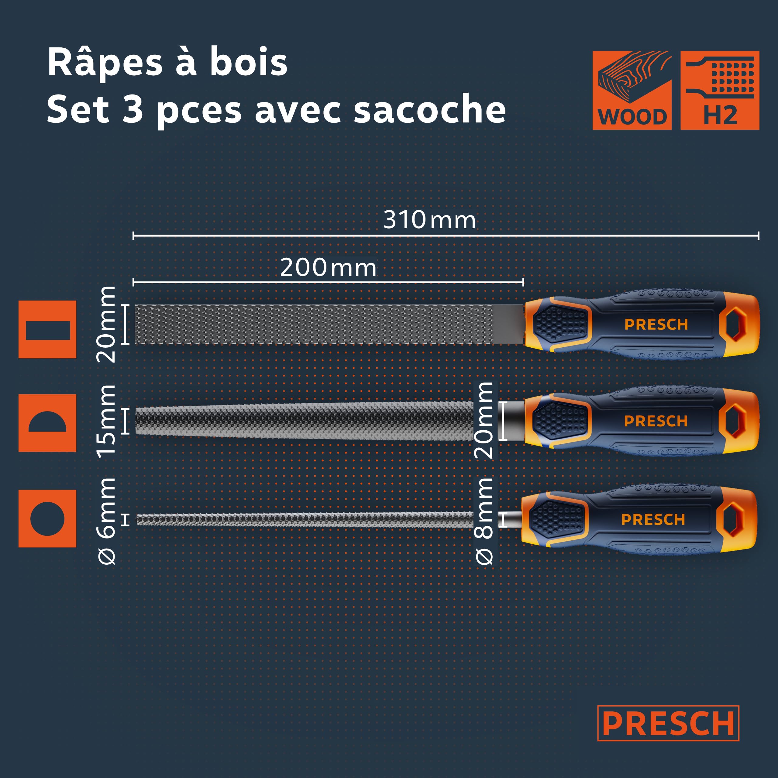 Presch Set de 3 râpes à bois avec sacoche - Set de râpes H2 de haute qualité comprenant une râpe à bout plat, une râpe demi-ronde et une râpe ronde - Râpe à bois