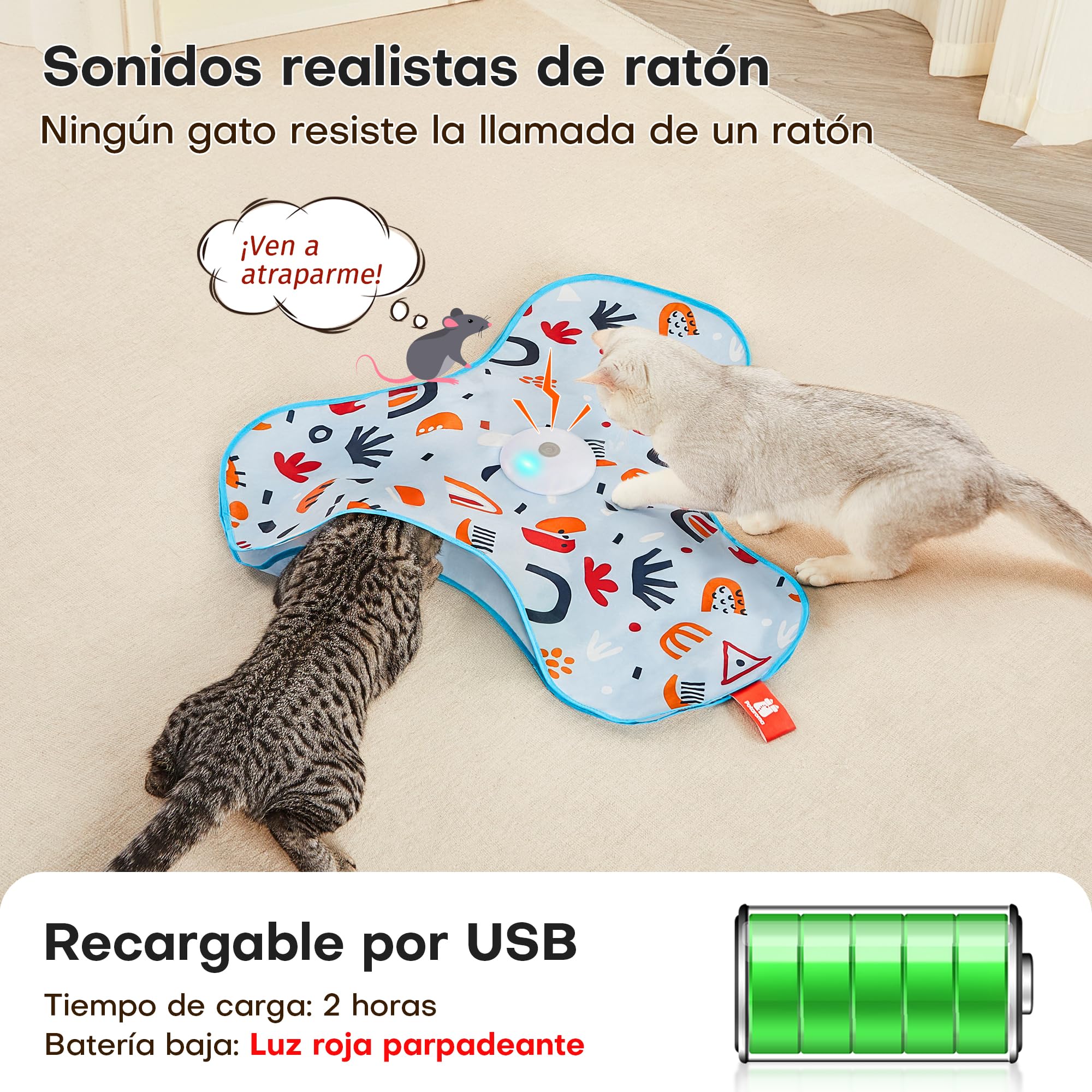 Potaroma Juguete Interactivo para Gatos – Juguete Automático Recargable con Plumas Móviles Ocultas, Sonido de Ratón, Activación por Toque, Ideal para Juegos y Ejercicio en Interiores Cubierta Floral