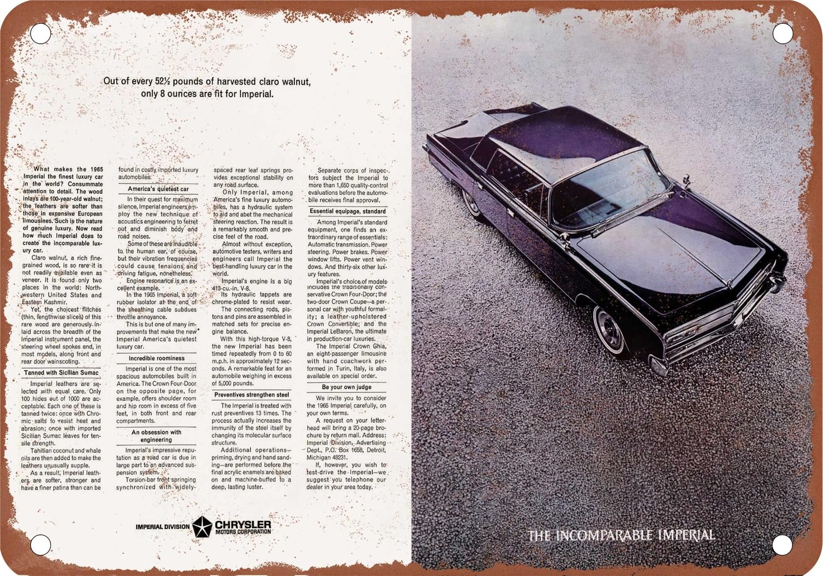 METAL SIGN - 1965 Imperial Vintage Ad 01 - Old Retro Rusty Look home decor