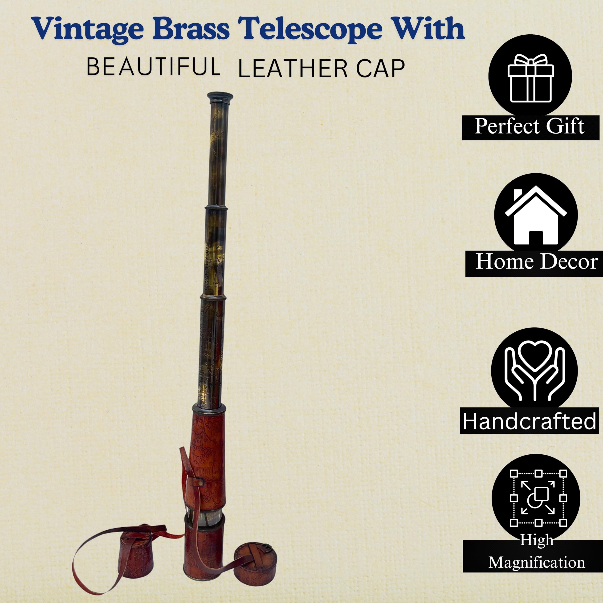 Medieval Replicas Handmade Brass Telescope Victorian London 1915 Tracker Spyglass Scope Replica Antique 32 inch Large Functional Vintage Souvenir with Hand-Stitched Leather Cap Belt