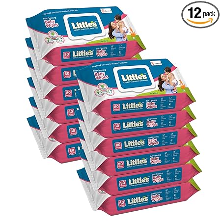Little's Soft Cleansing Baby Wipes (80 Wipes, Lid Pack of 12) I Extra Thick and Moist I Goodness of Aloe Vera, Vitamin E & Jojoba Oil I Nourishes Skin I Alcohol-Free I Paraben-Free I Clinically Tested