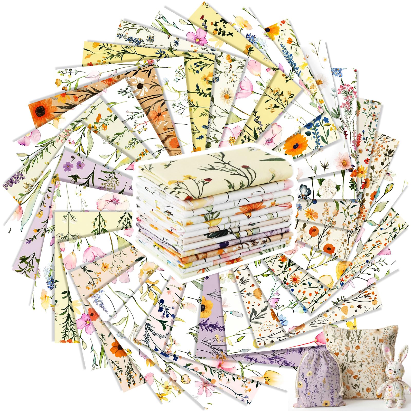 Tatuo 30 Pieces 10 x 10 Inches Summer Wildflower Cotton Fabric Bundle Squares Patchwork Floral Fabric Sewing Quilting Bundles Assorted Pattern Cloth for DIY Scrapbook Craft Making