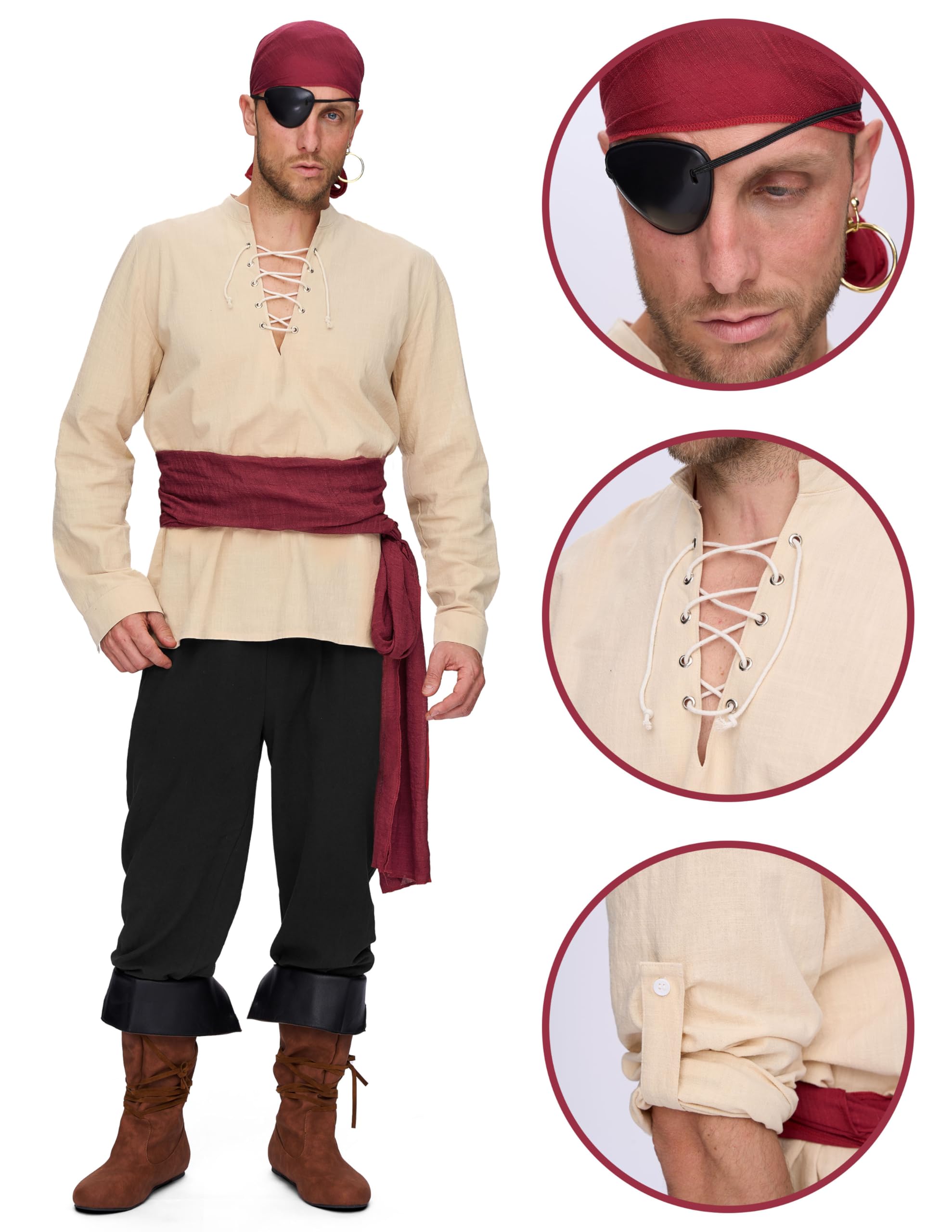 Spooktacular Creations 6-częściowy męski kostium piracki w stylu renesansowym, średniowieczny, wiking, beżowo-czarny, z koszulą, spodnie w paski, opaska na oko, bandana