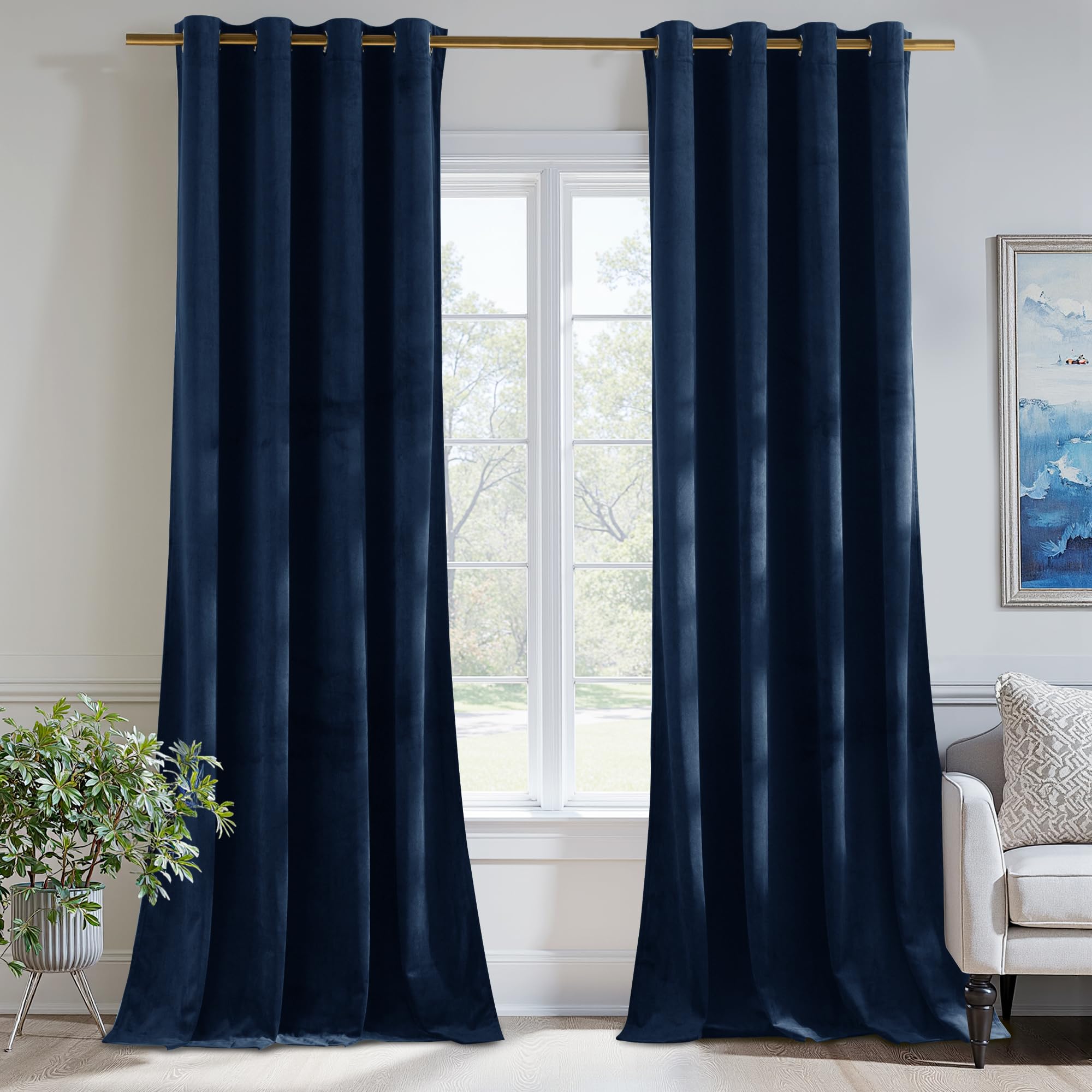 PONY DANCE Eyelet Blackout Velvet Curtains, 46x54 Inch, Navy Blue, 2 Panels — image 1