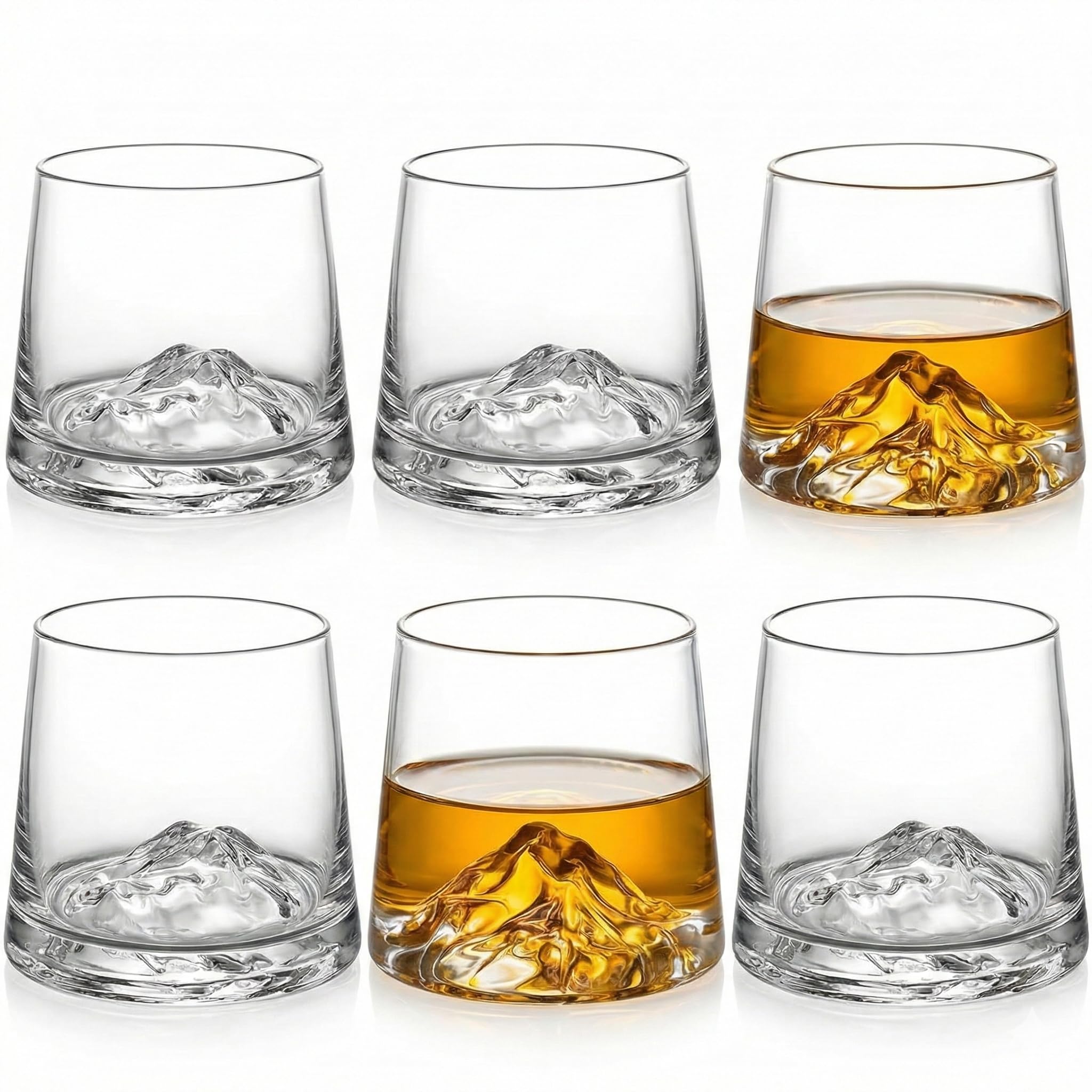 Mountain Base Whiskey Glass Set of 6, 230ml Premium Crystal Tumblers for Bourbon, Scotch, Whisky & Cocktails, Heavy Base Clear Glass Barware Gift Set