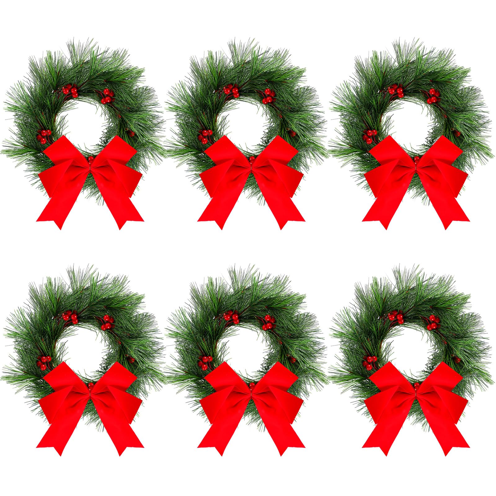 Zeyune 6 Pcs Christmas Wreath Decorations Red Berry Green Fir Christmas Kitchen Cabinet Wreaths with Red Ribbon Bow Mini Wreaths Artificial Hanging Garlands for Christmas Front Door Window Chair