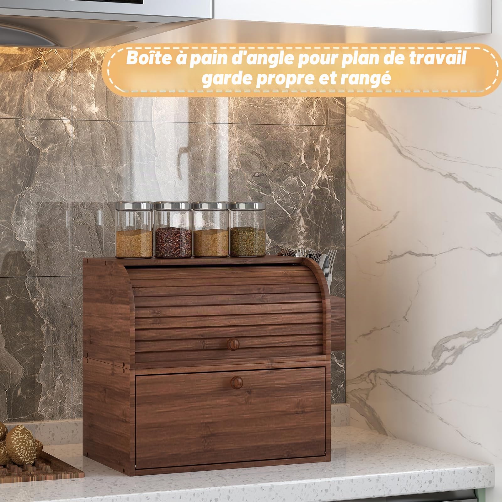 TQVAI Boite à Pain Vintage Bois 2 Niveaux Avec Couvercle Enroulable Countertop Huche à Pain Moderne Multifonctionnelle Boite de Rangement Cuisine, 37,95 x 24,9 x 36,06 CM, Marron