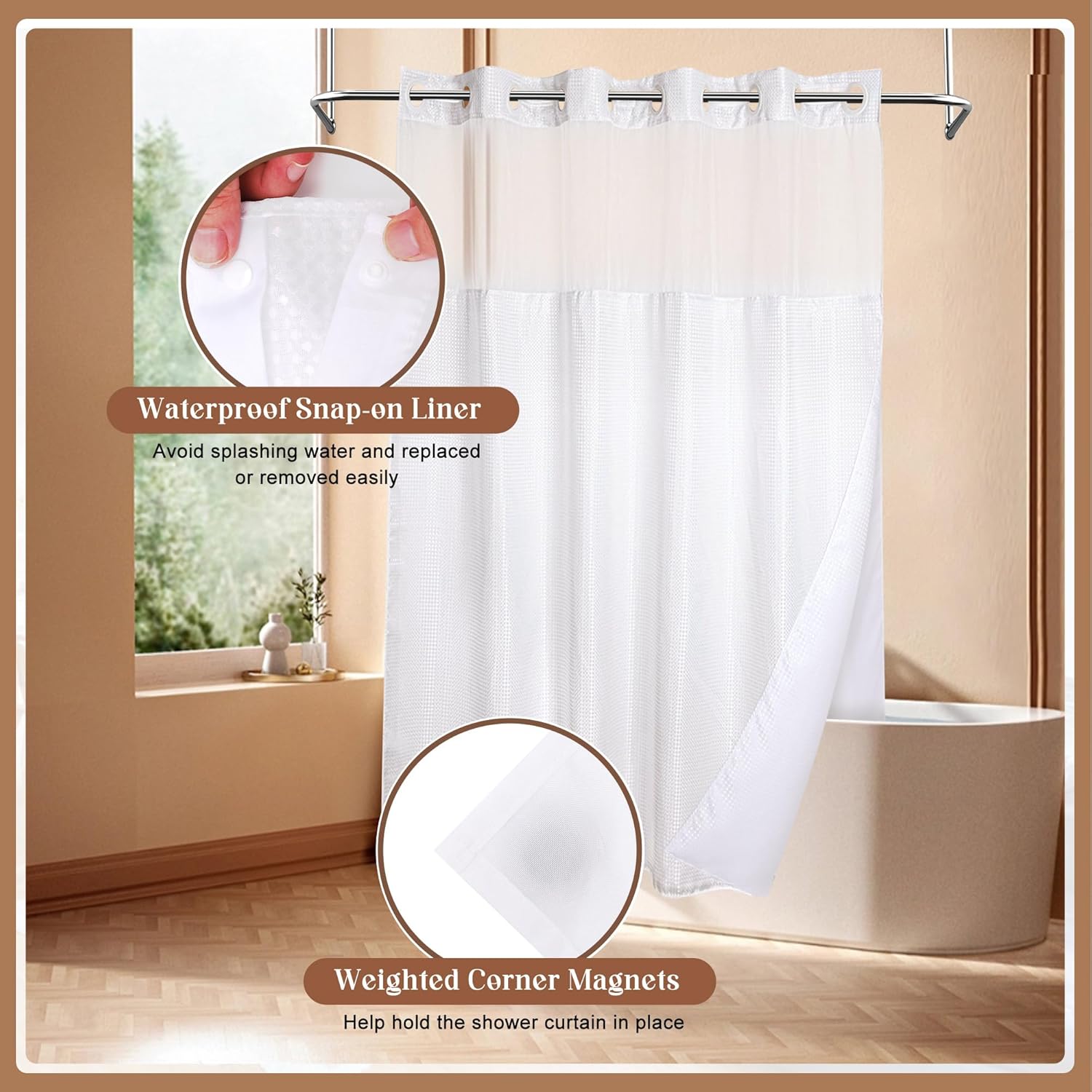 Bathroom Shower Curtain with Liner, 71"x 74" Waffle Weave with Snap in Fabric Liner Set, Luxury Cloth Shower Curtain with Mesh Top Window for Home Hotel and Farmhouse(White)
