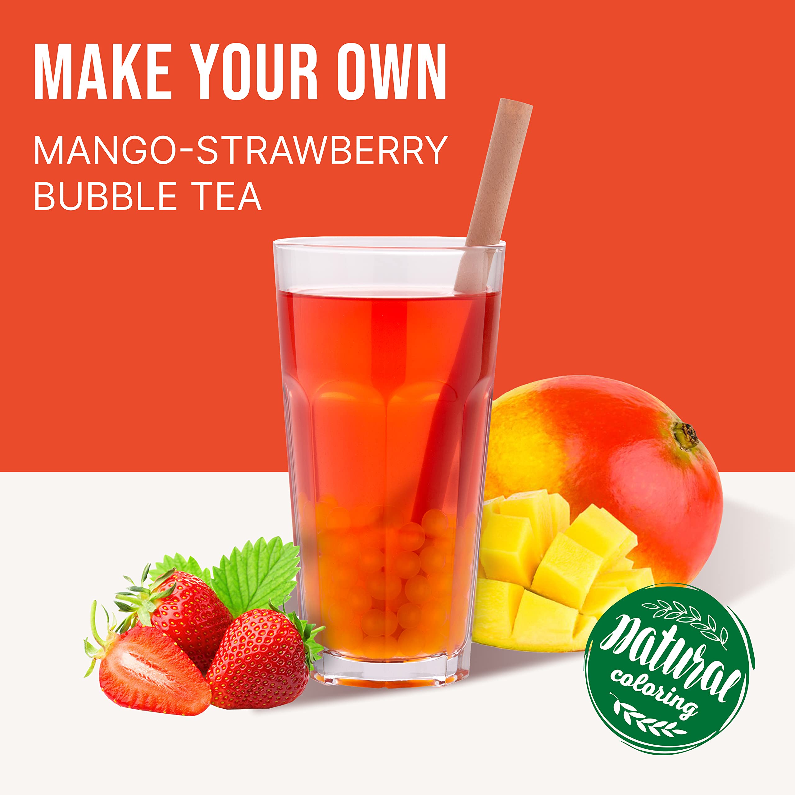INSPIRE FOOD Set de Perlas de Bubble Tea - Mango Popping Boba 450g, Jarabe de Fresa 300ml, 2 Sorbetes