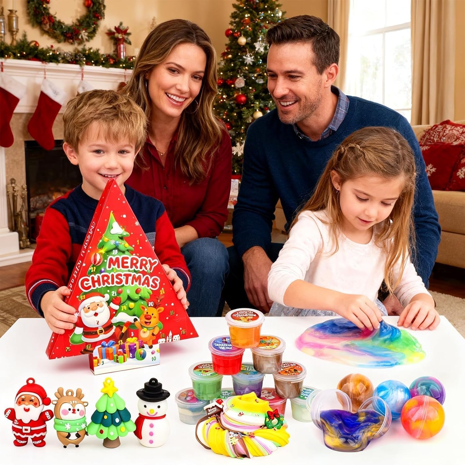 Christmas Slime Kit -Slime Party Favors for Kids, Xmas Stickers & Charms, Christmas Stocking Stuffers for Kids, Super Soft, Non-Sticky, DIY Surprise Slime for Girls & Boys Red Christmas tree