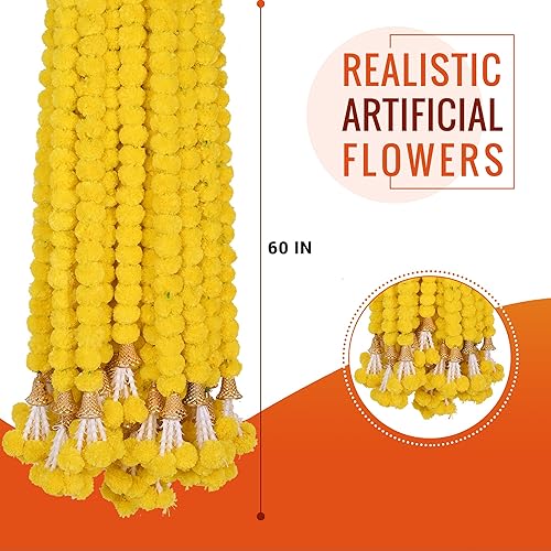 Vista 2 de Guirnalda de caléndula para decoración, 5 piezas de 5 pies de largo, flores artificiales de caléndula con campana, decoración india para Amarillo