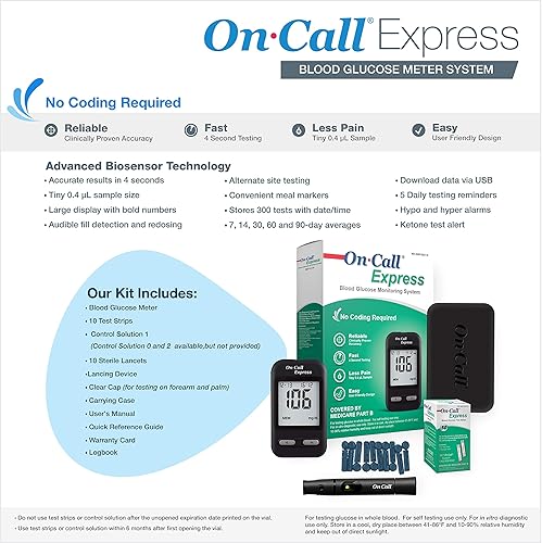 Miniatura 8 de On Call Kit de prueba de diabetes Express - Medidor de glucosa en sangre, 10 tiras de análisis de sangre, 1 dispositivo de punción, lancetas de 1.06