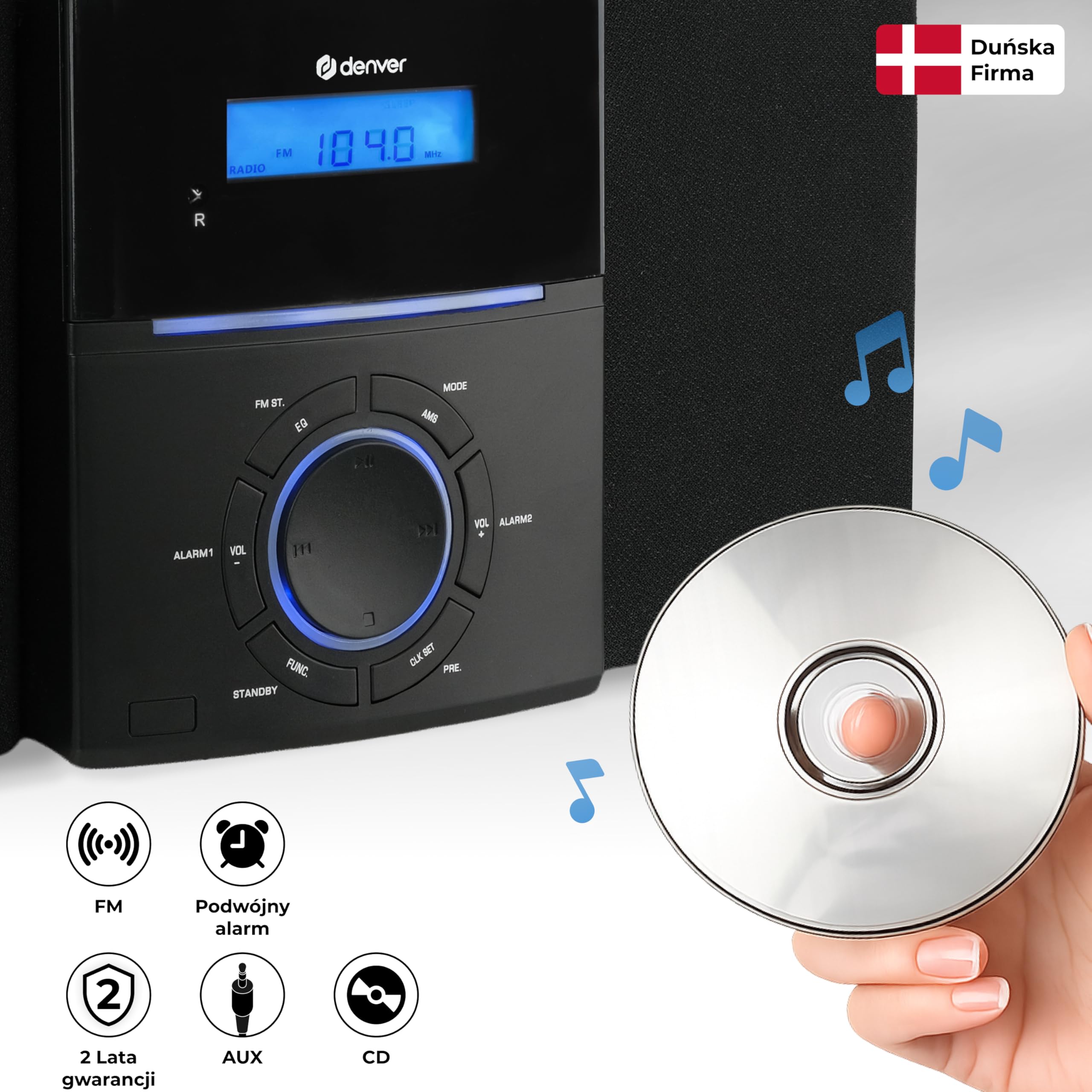 Denver MCA-240 Micro HiFi System – odtwarzacz CD, radio FM, złącze AUX – funkcja podwójnego alarmu i pilot zdalnego sterowania – kompaktowy system stereo z CD | moc 2 x 20 W