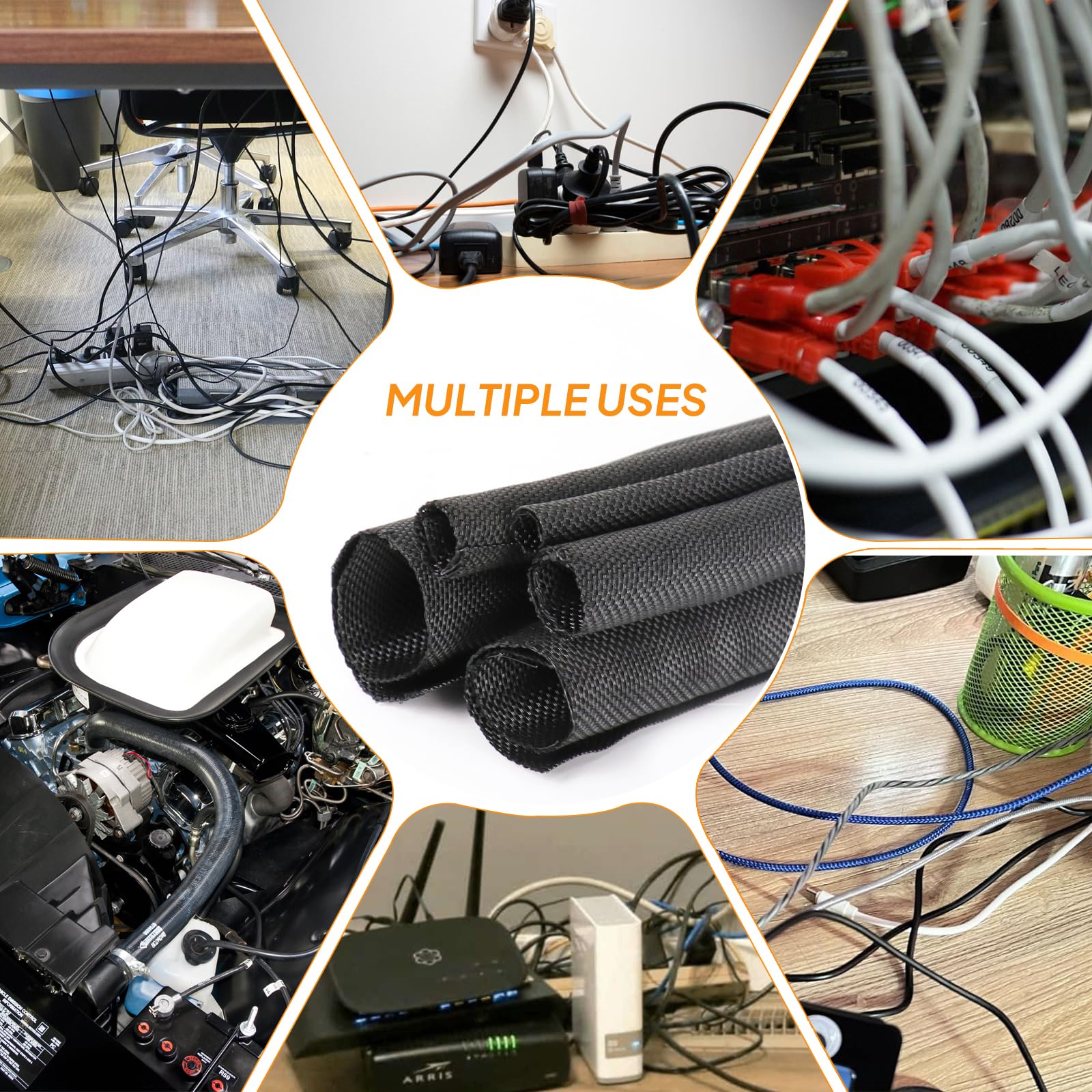 Organizer per cavi intrecciati a chiusura automatica, protezione per cavi ad alta temperatura, copertura per cavi audio da scrivania per computer (nero, 1,27 - 6,7 m)