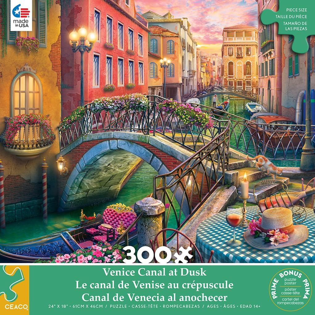 Ceaco - Large Piece Jigsaw Puzzle - Ann Jasperson - Venice Canal at Dusk - Relaxing and Fun Activity for Adults