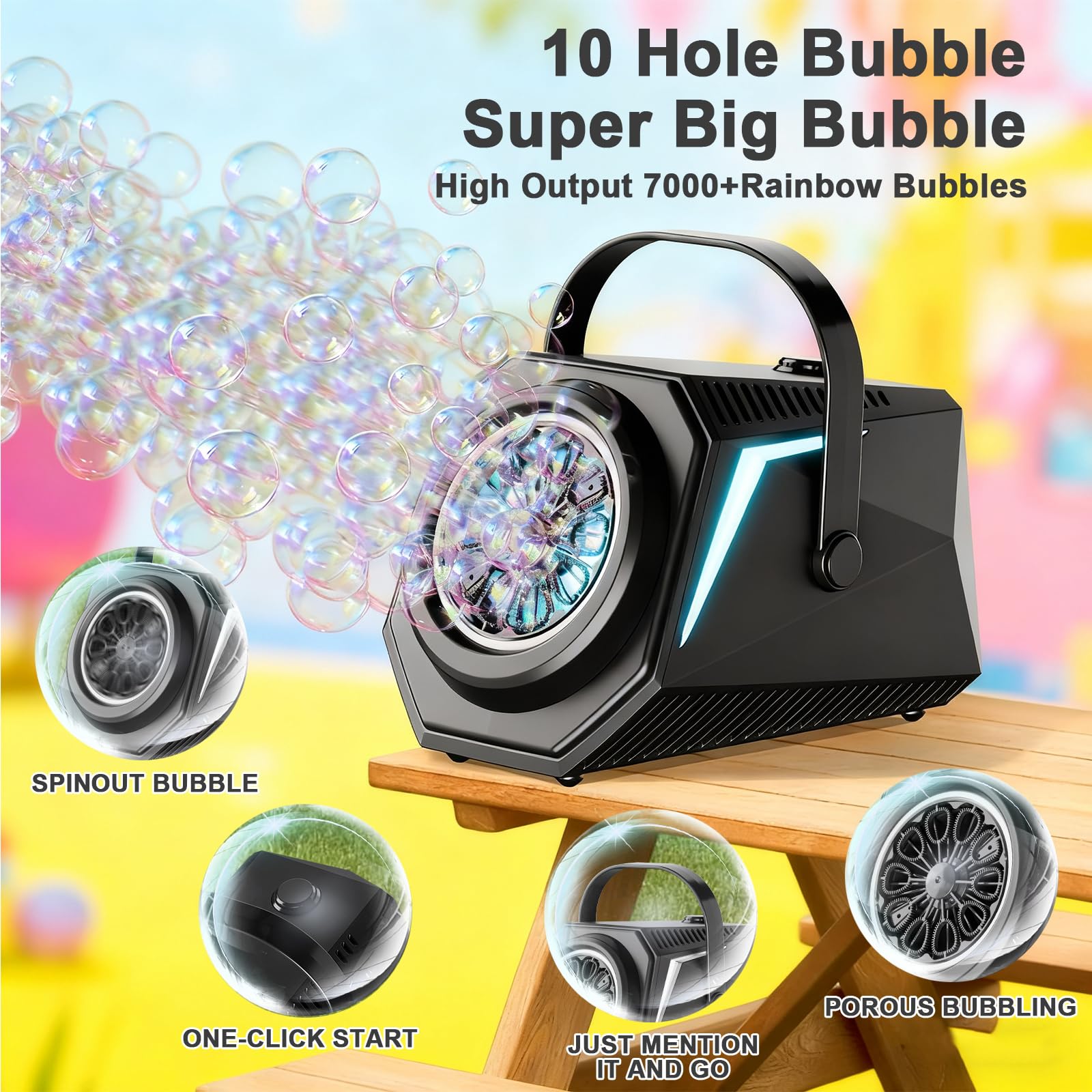 Macchina per Bolle con Telecomando & Luci RGB, 1800mAh Batteria Ricaricabile USB-C, Automatica e Portatile per Bambini, Matrimoni, Feste di Compleanno, Natale (Nero)