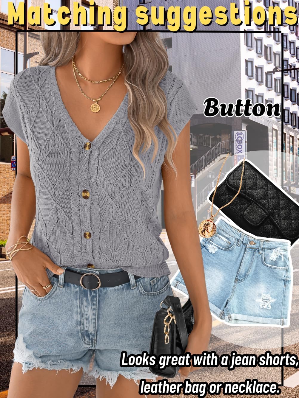 Women Cap Sleeve V Neck Sweater Vest Top, Cable Knit Button Down Cardigan Sweaters, Lightweight Trendy Casual Outfits - Image 6