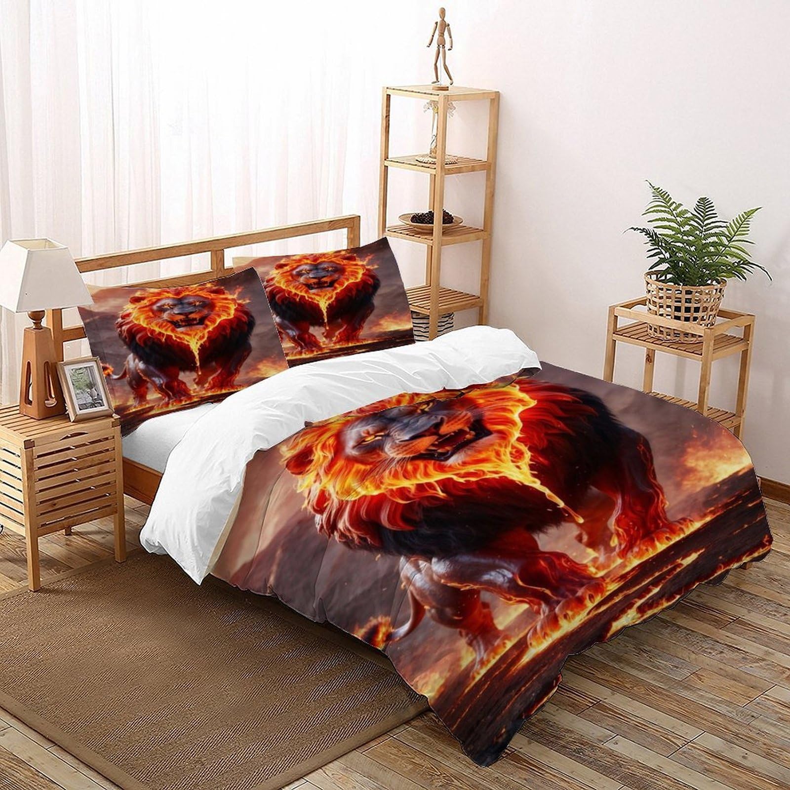 Parure de lit lion feu 260x220 microfibre supérieure avec taies d'oreiller finitions soignées