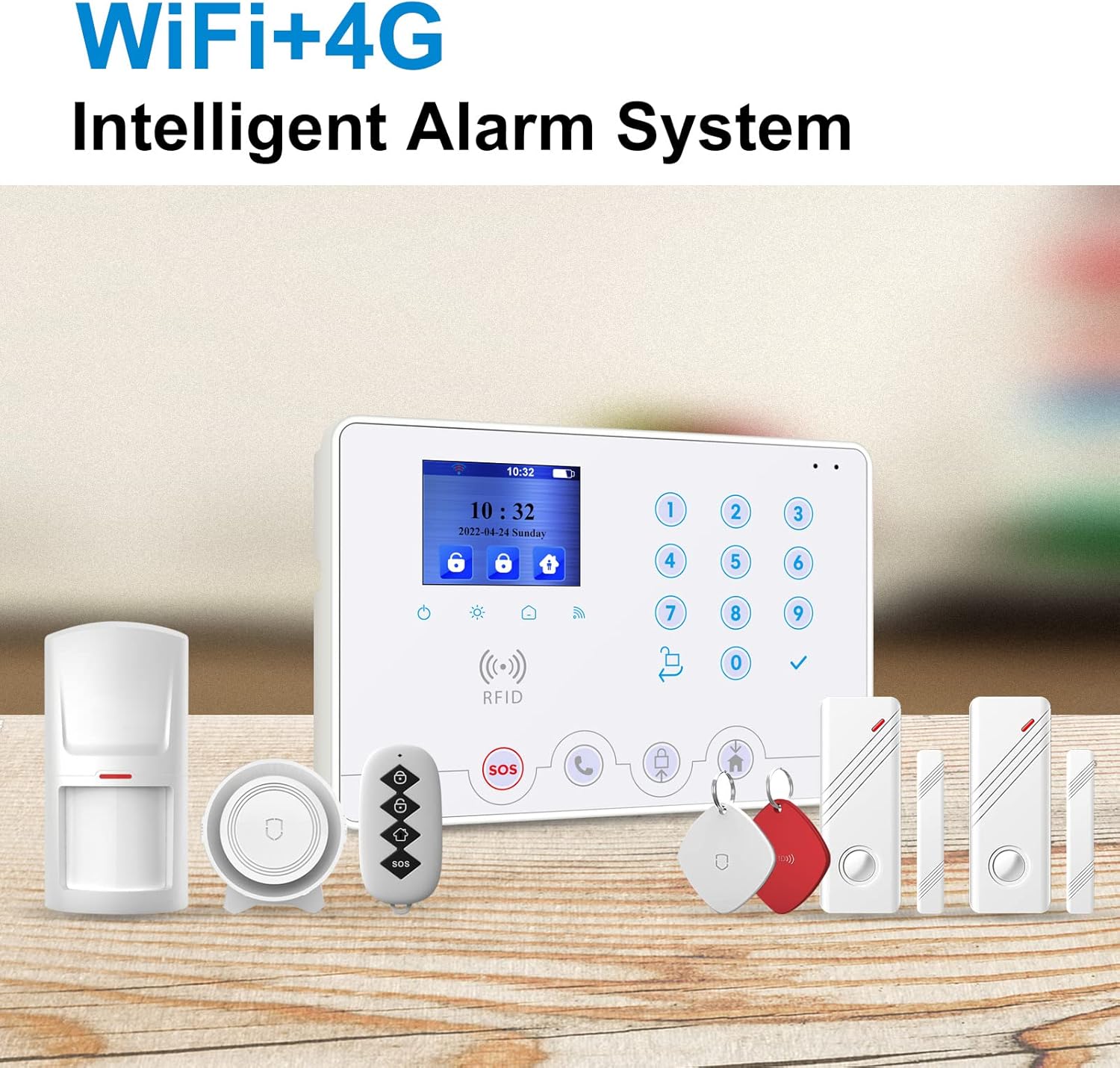 Wolf Guard MR1 GSM Smart Security System components including main panel, PIR sensor, door sensor, remote, RFID tags, and siren