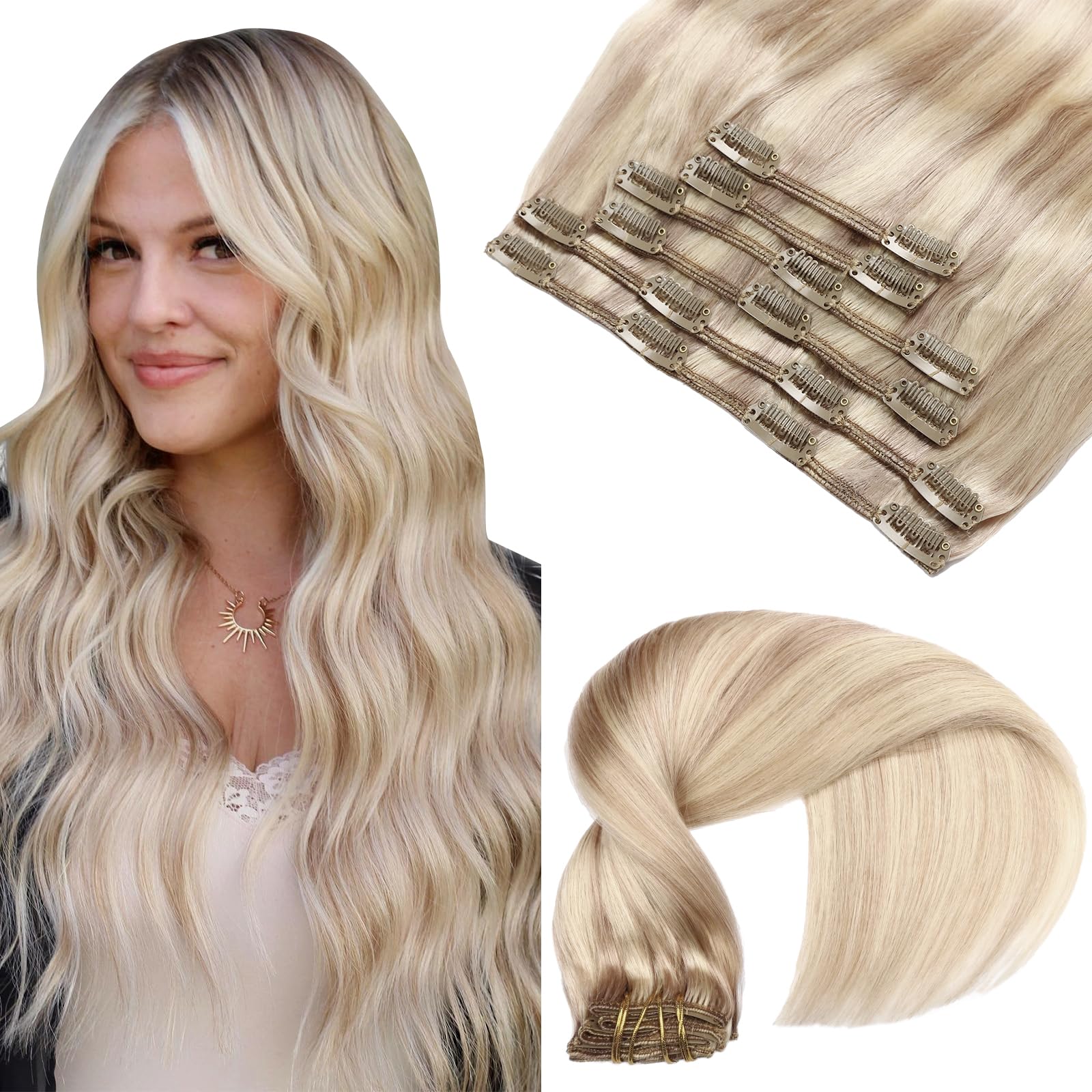 VINBAO Clip in Hair Extensions Real Human Hair Ash Blonde with Bleach Blonde Silky Long Straight Human Hair 100% Remy Human Hair Salon Quality For