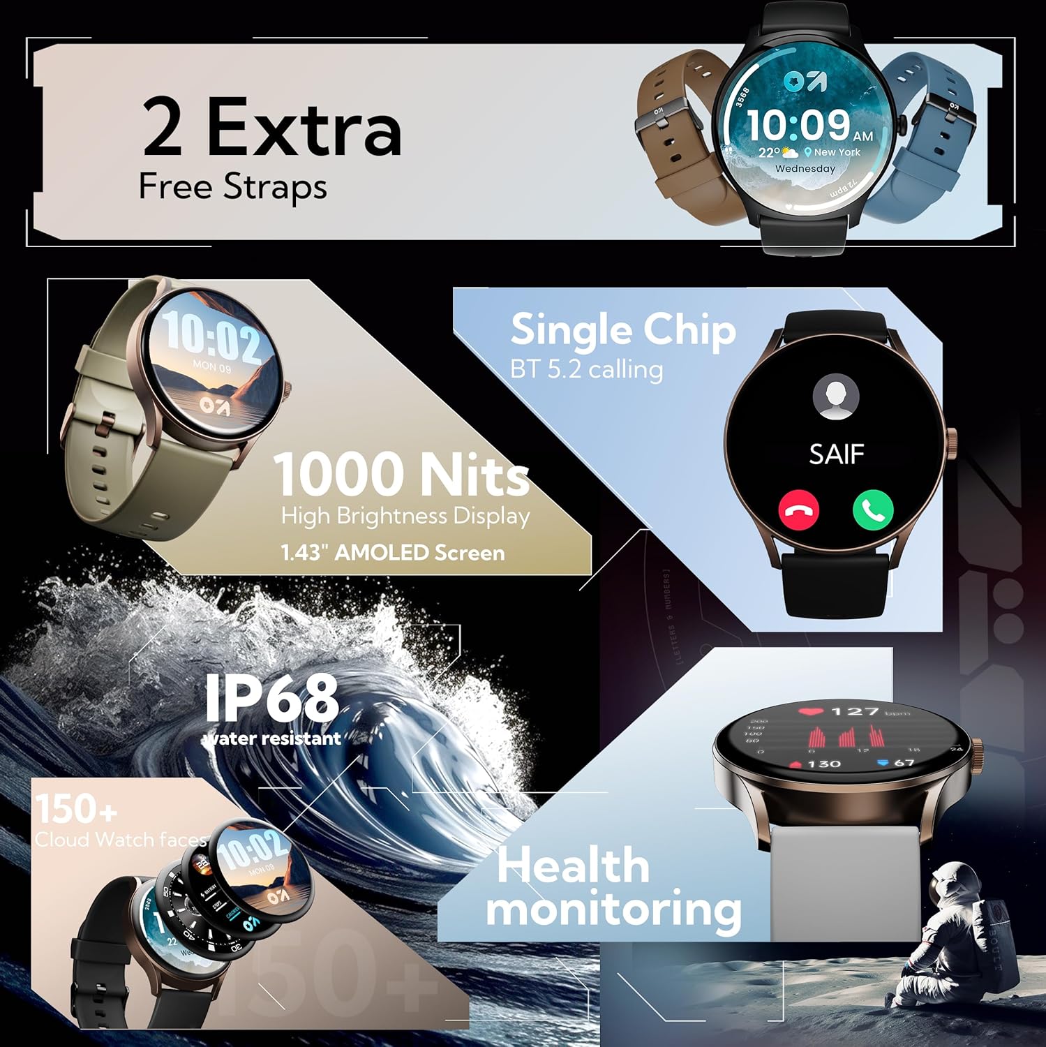 GOBOULT Newly Launched Rover Pro 1.43” AMOLED, Free Straps, Bluetooth Calling, IP68, Zinc Alloy Frame, 1000 Nits Brightness, AI Voice Assistant, SpO2, 120+ Sports Mode Smartwatch (Pure Black)