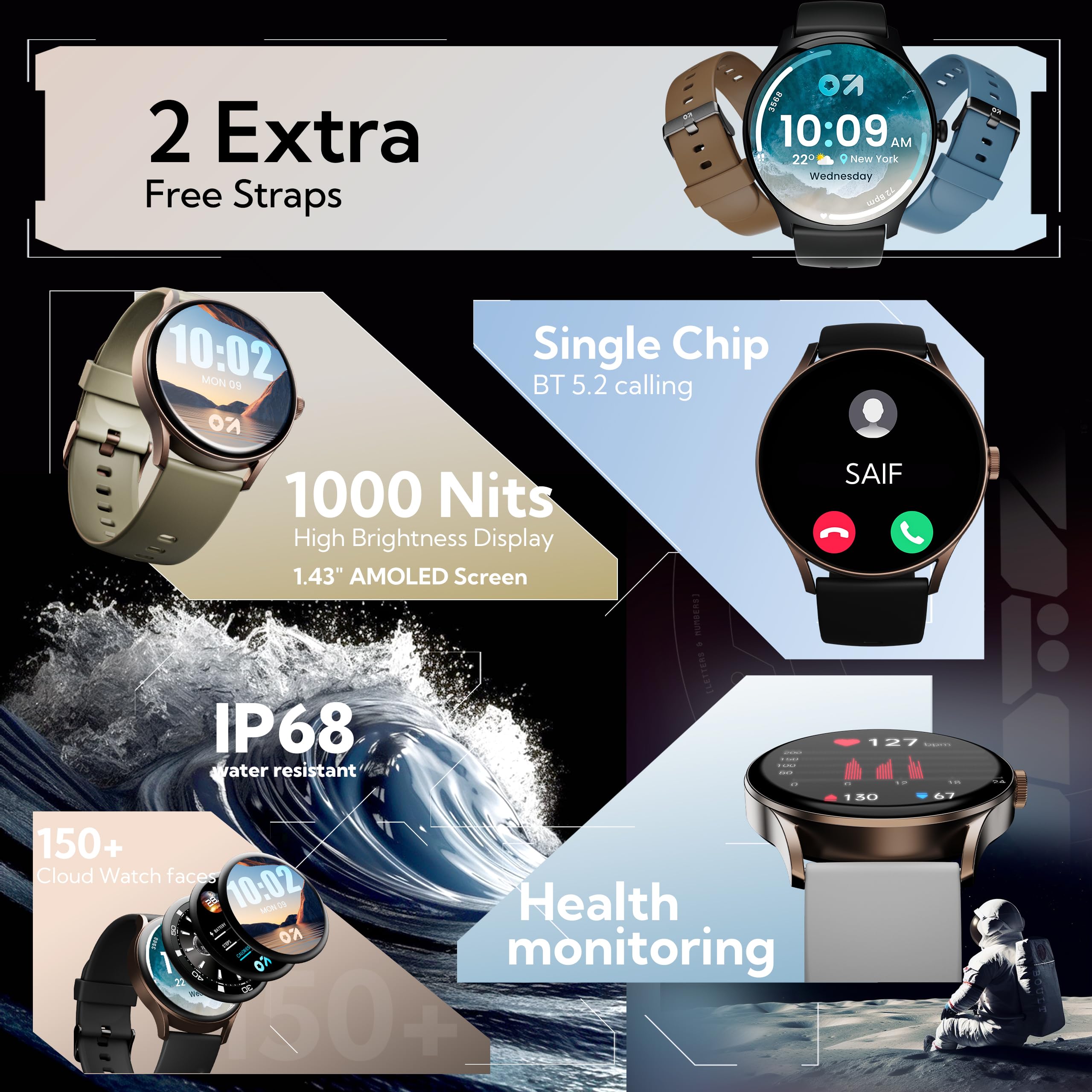 Boult Rover Pro Smart Watch 3.0 cm AMOLED, połączenia Bluetooth, IP68, ramka ze stopu cynku, jasność 1000 nitów, asystent głosowy AI, monitorowanie SpO2, smartwatch z trybem sportowym 120+ (Ash Black)
