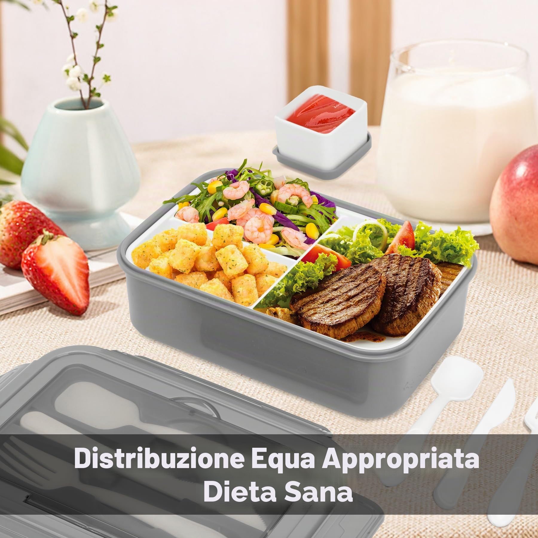 LUZOON Bento Lunch Box,1400ml Bento Box con 3 Scomparti e Posate per Adulti, Porta Pranzo con Posate e Scatola Per Salse,Senza BPA,Sicuri per Microonde e Lavastoviglie (Grigio)
