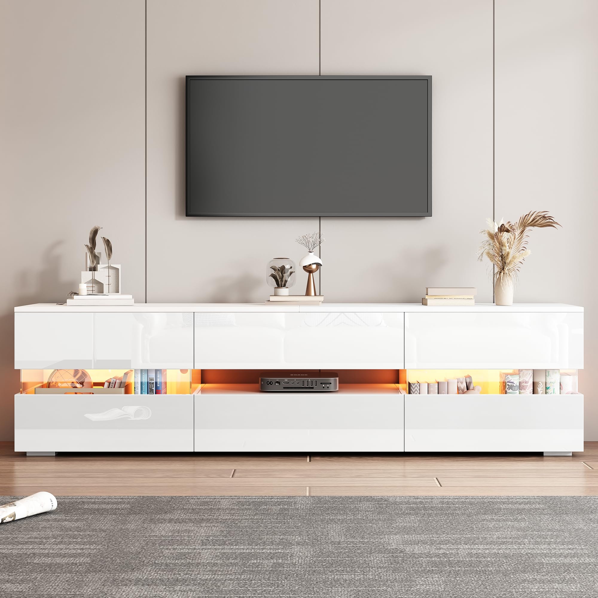 BTM LED TV Stand Cabinet, High Gloss TV Stand Unit with LED Lights 160CM, TV Boards, TV Cabinet, Entertainment Center, TV Console Table,Media Console