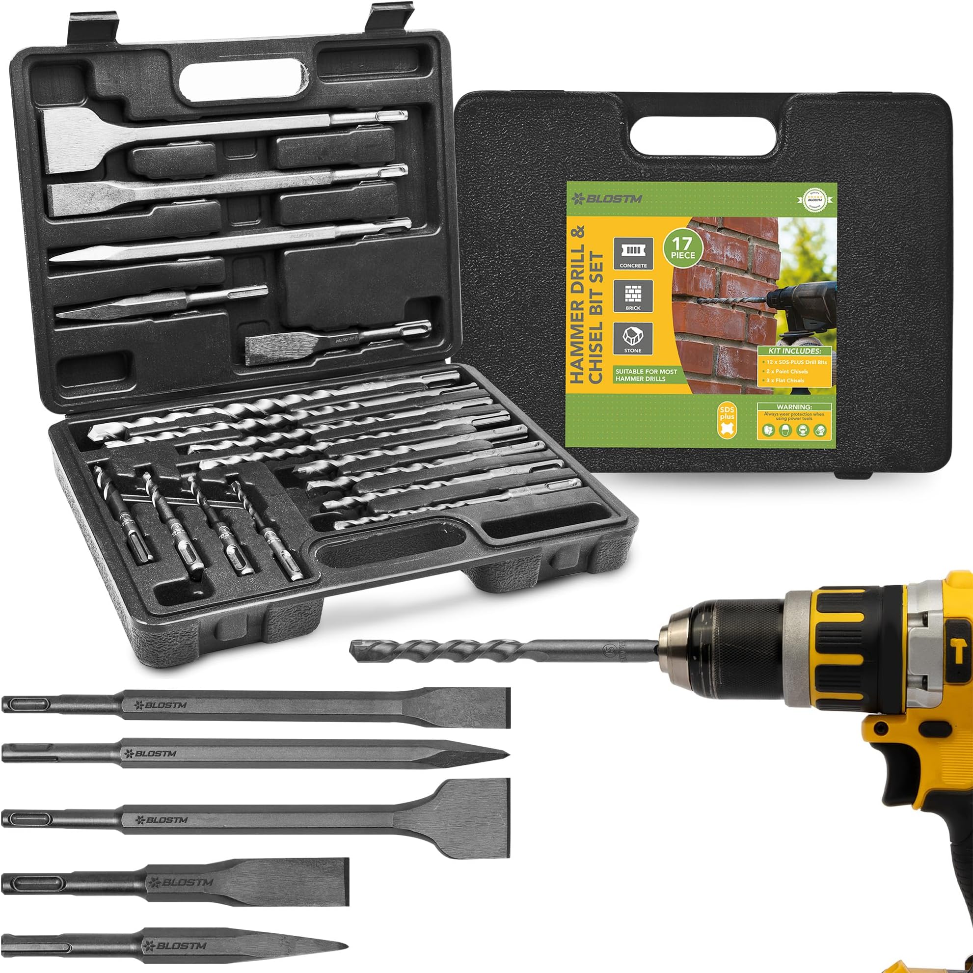 BLOSTM SDS Drill Bit Set - 17pcs Impact SDS Chisel Bits & Hammer Drill Bits Set with Carbide Tips & Compact Drill Bit Storage Case for Concrete, Tile, Brick & More