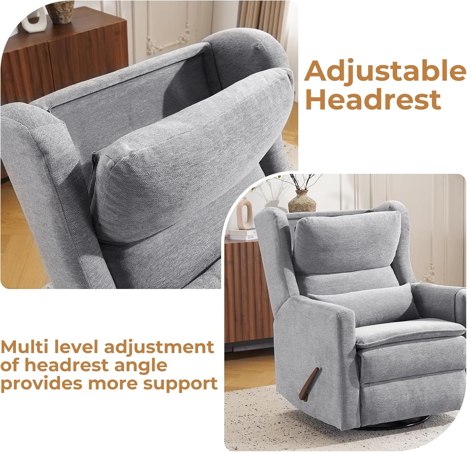 Large Nursery Glider Recliner, Rocking Chair with Adjustable Headrest, Swivel Rocker Recliner with Lumbar Support, Manual Recliner Chair for Living Room & Bedroom, Grey Chenille