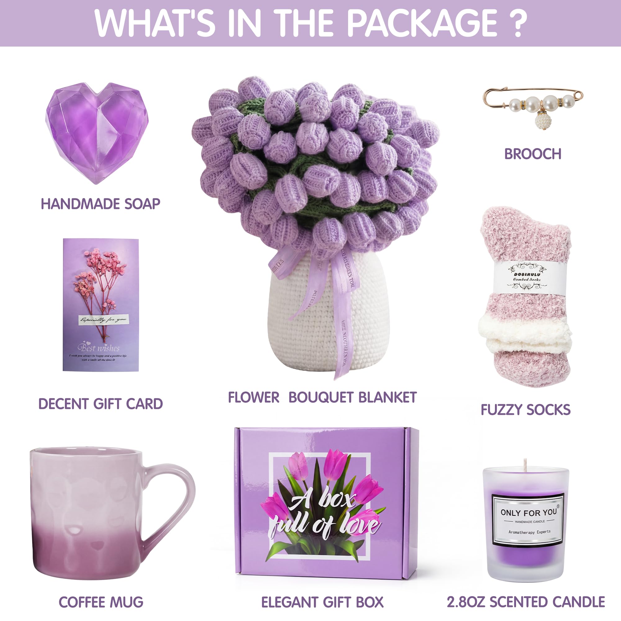 Regalos de cumpleaños para el día de la madre, paquete de cuidado personal para mujeres, cestas de regalo de bienestar pronto, juego de regalo de spa con ramo de flores de ganchillo, regalos únicos