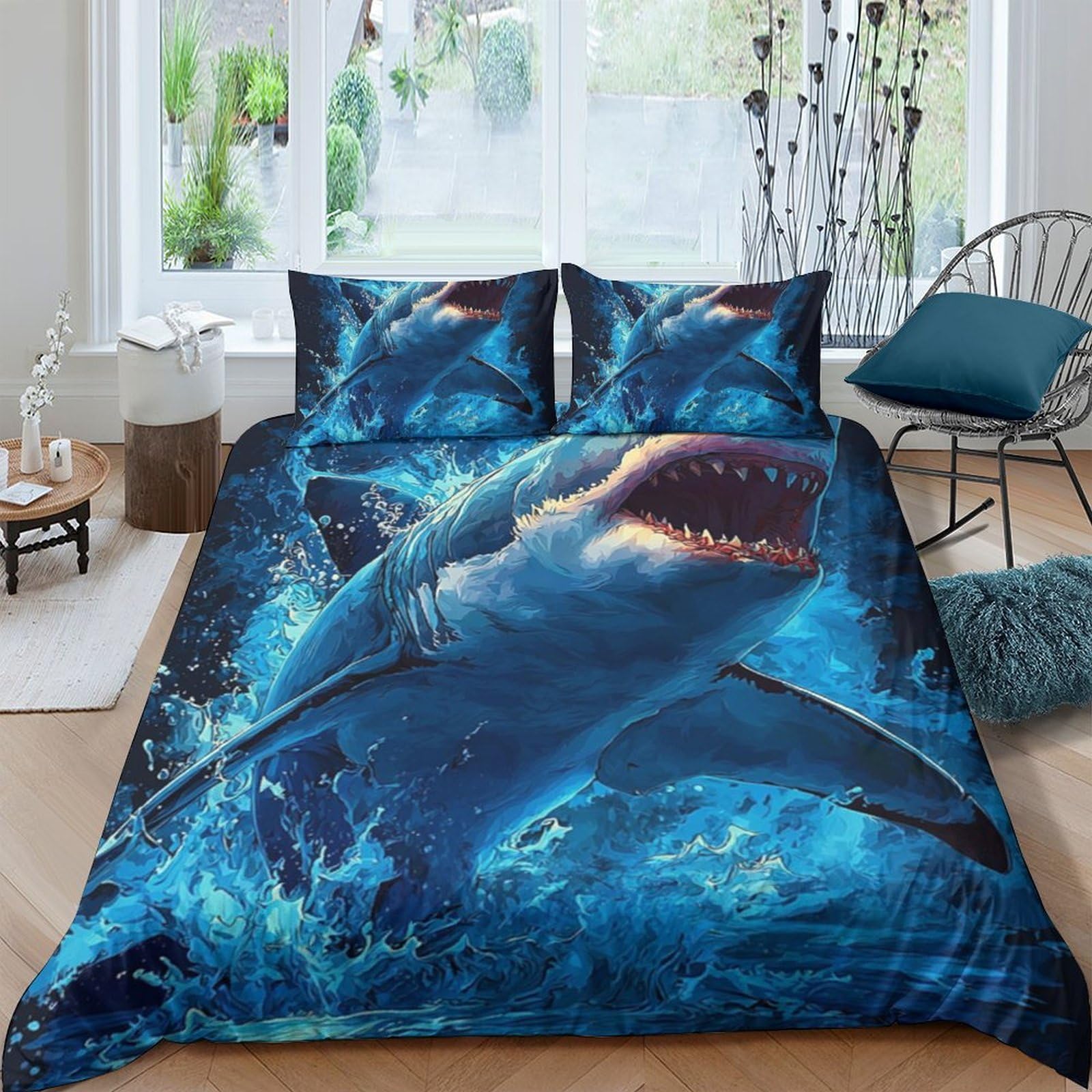 GPLZQXKJNH 3D Printed Shark Ocean Duvet Cover Set Microfiber Soft Breathable Blue Sea Quilt Cover with 2 Pillowcases for Bedroom Decor Single（135x200cm）