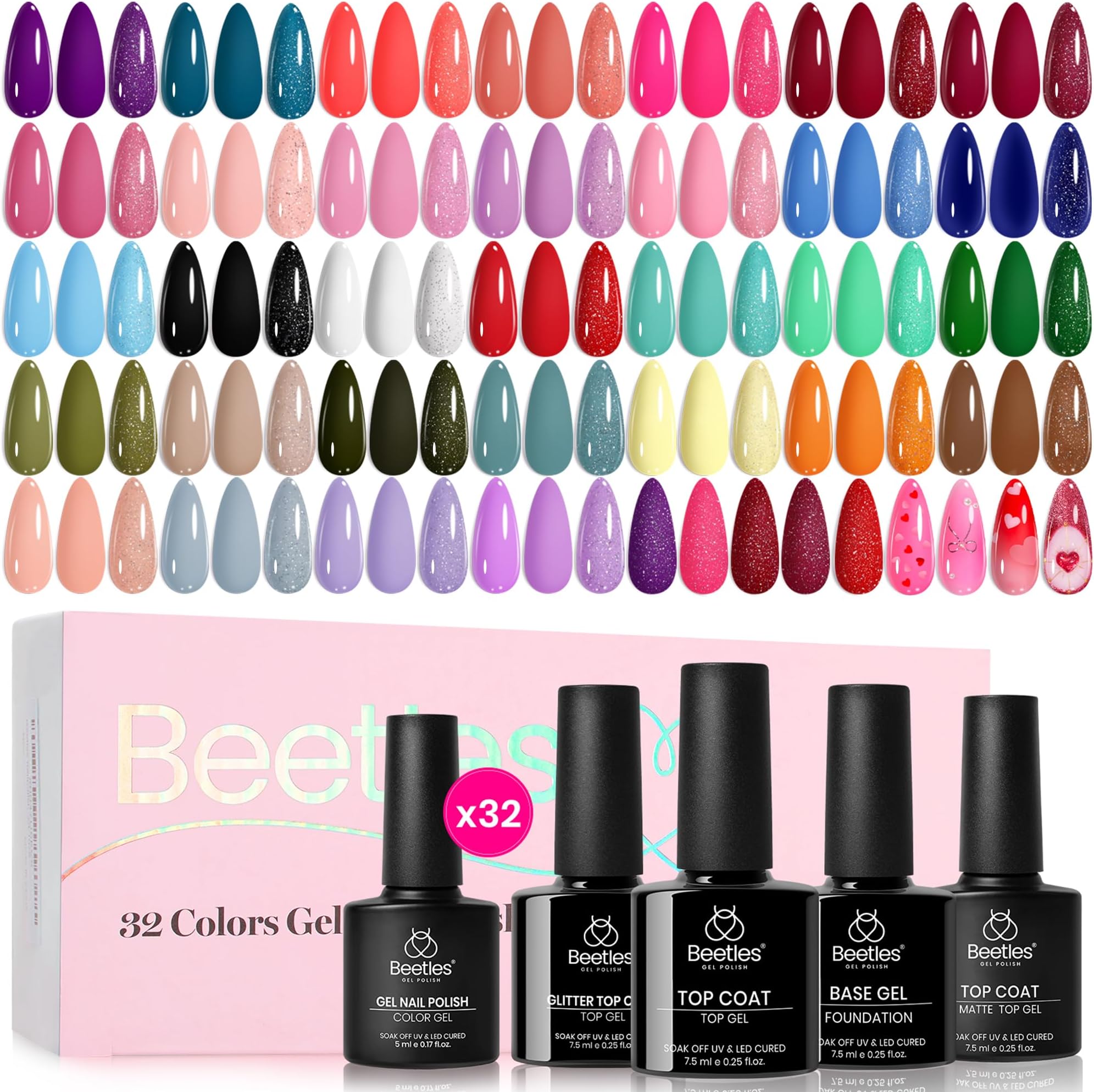 beetles Gel Polish Set Summer Gel Nail Polish Kit Pastel 36 Pcs 32 Colors with Base Top Coat Hot Pink Green Black White Burgundy Red Blue Purple Gifts for Women Fingertip Palette