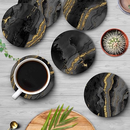 Miniatura 4 de Britimes Juego de 6 posavasos de mesa para bebidas, mármol negro, dorado, dorado natural, dorado, amarillo, café, redondo, absorbente, cerámica,