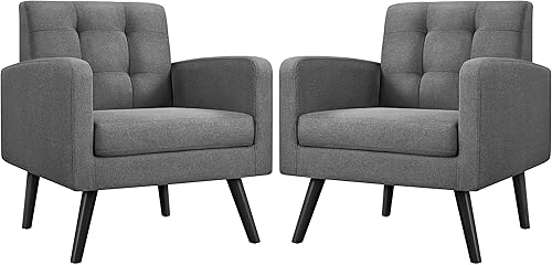 Miniatura 10 de Yaheetech Silla moderna para sala de estar, sillón de mediados de siglo con respaldo copetudo y patas de madera, silla vintage para dormitorio,