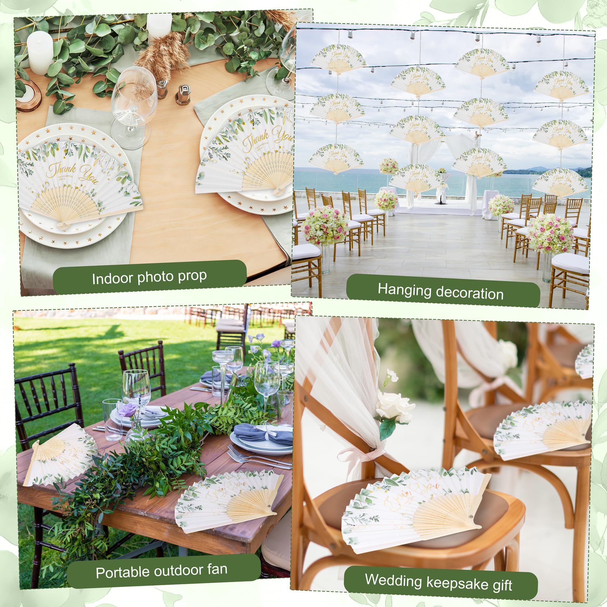 Aneco 30 Sets grüne Blätter Hochzeit Faltfächer Bambus Handfächer mit Organzabeuteln Tischschild Dankeschön Vintage Seide Handfächer für Brautdusche Hochzeit Party Dekorationen
