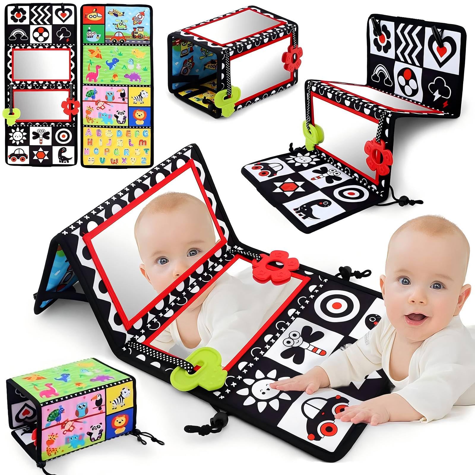 Double Tummy Time Mirror, Newborn Gifts Toys, Infant Toys 0-6 Months Brain Development Foldable Mirror, High Contrast Crawling Sensory Toy 3 6 9 12 Month Boy Girl