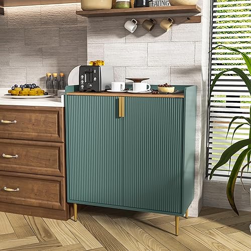 Miniatura 4 de ARTPOWER Gabinete de barra de café con estantes para vino, gabinete de licor verde con textura acanalada, aparador moderno gabinete de buffet para