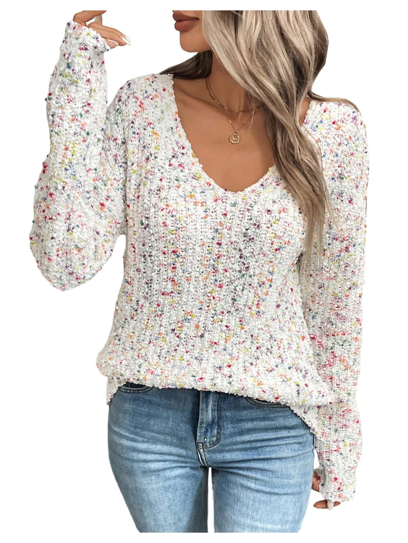 SOLY HUX Womens Sweaters Rainbow Pom V Neck Long Sleeve Knit Fall Trendy Pullover Sweater Tops