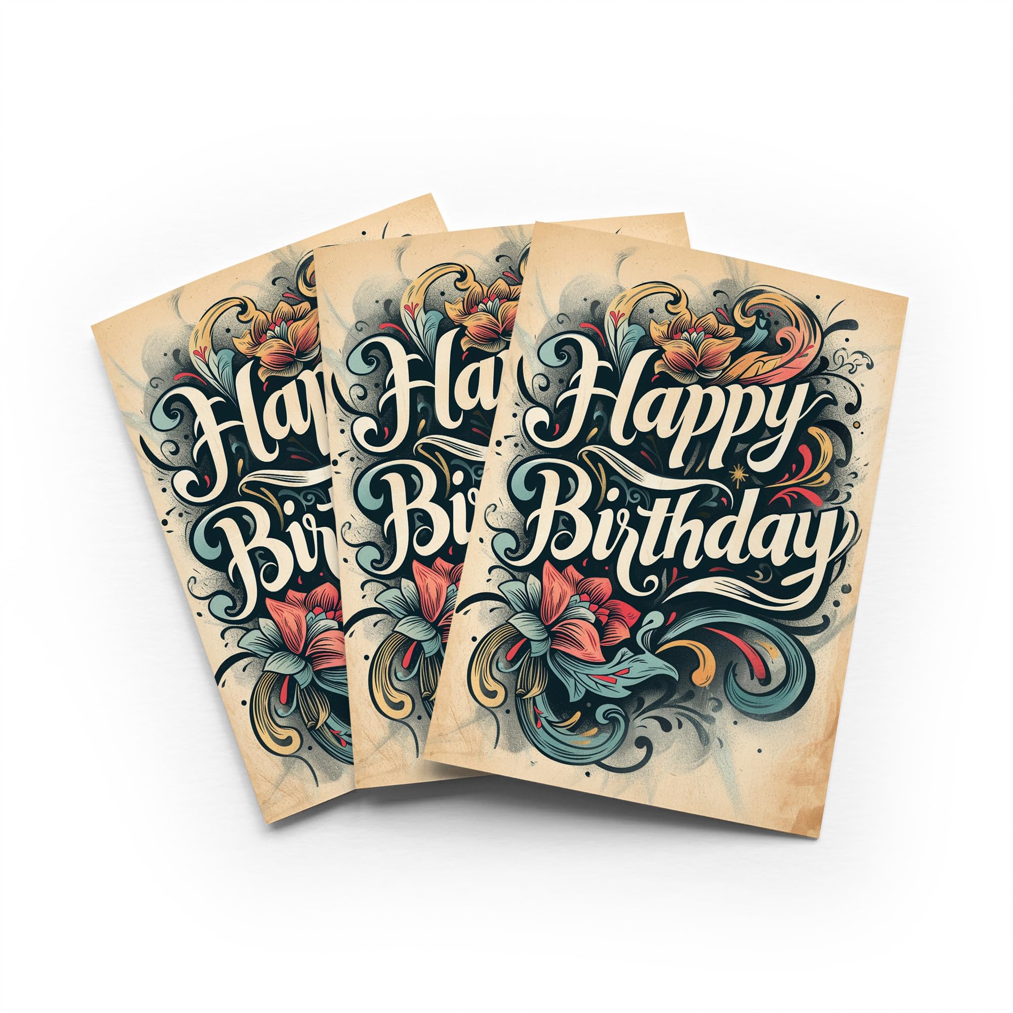 Floral Tattoo Birthday Card Flowers Illustration Set of 3 Greeting Cards Blank Inside 5x7 Inch 13x18 cm