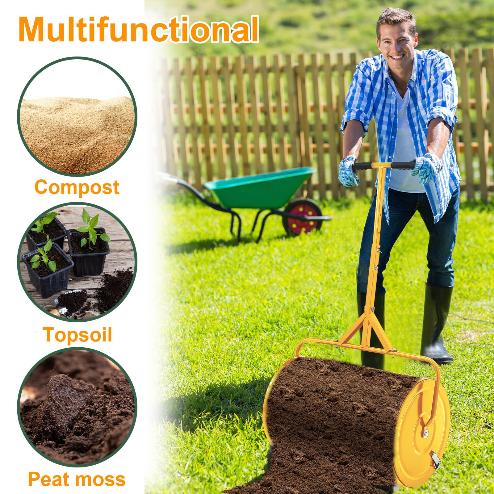 Hiboom Esparcidor de abono de turba para jardín, Tierra Superior, Tierra, esparcidor de Gotas de Semillas con Mango Ajustable en Forma de T, esparcidor de Malla de Metal Ligero para Patio (Dorado,