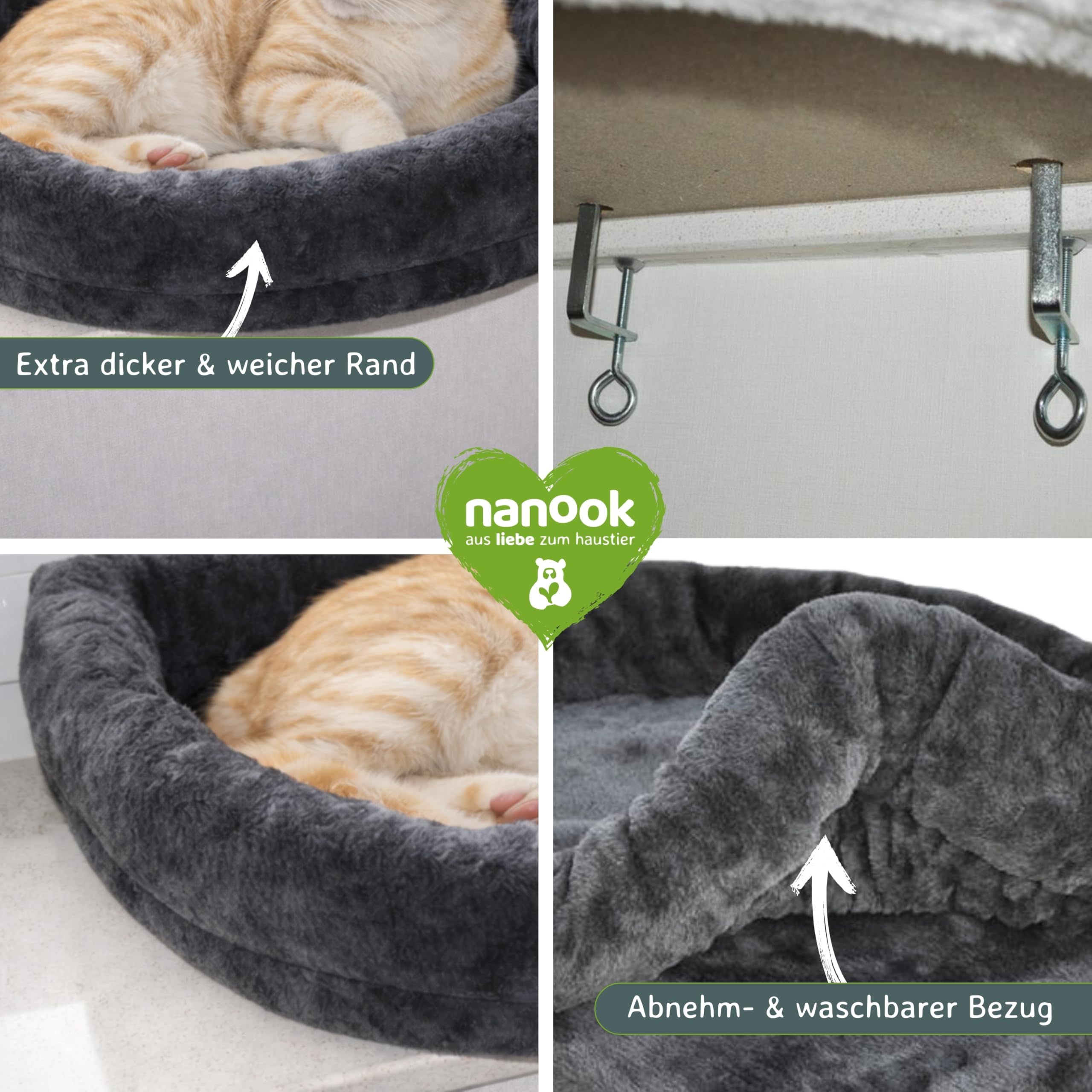 nanook Fenster Liegeplatz Liegemulde Fensterliege für große Katzen - Liegekissen - gepolstert - XXL 60 x 45 x 13 cm - grau