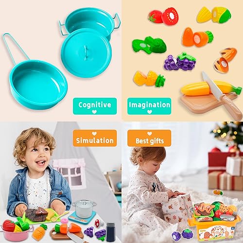 Miniatura 5 de KKmon Juego de accesorios de cocina para niños, juego de 36 ollas y sartenes de acero inoxidable para niños, juego de cocina de simulación con juego