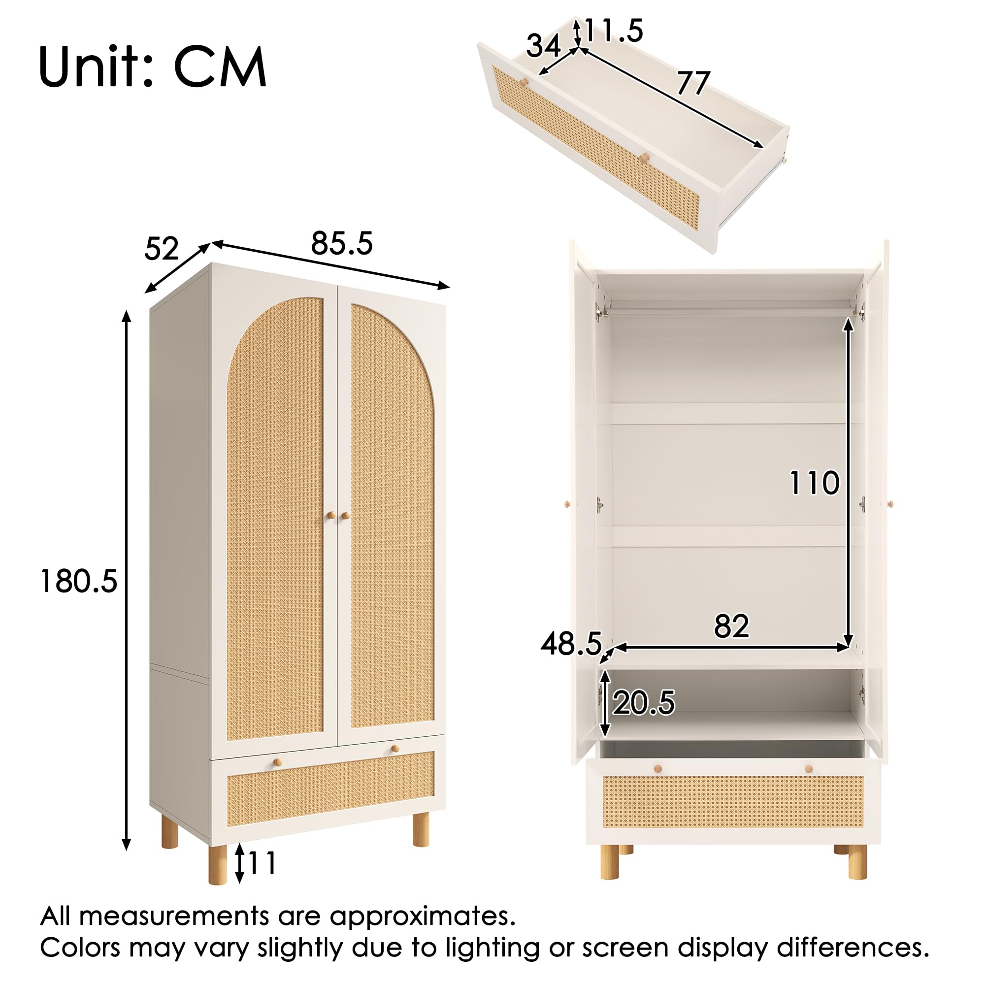 Armadio in rattan, con 2 ante e cassetto grande, regolabile in altezza, per camera da letto, soggiorno, 85,5 x 52 x 180,5 cm, bianco