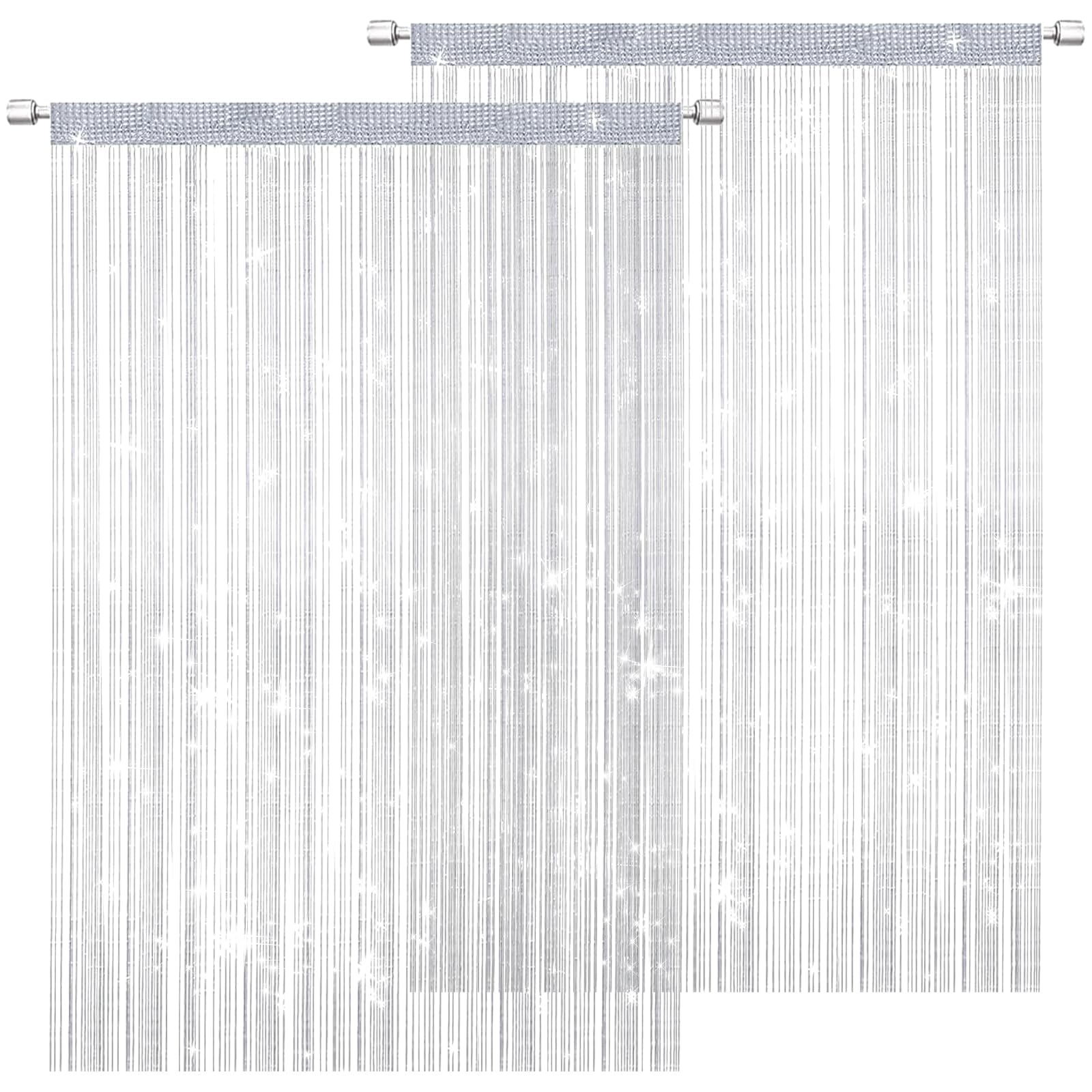 DALAETUS 2 Pcs Glitter String Curtain Panel Set, 100 x 200 CM Decorative Door Curtain, Tassel Ribbon Strip Silver Screen, Room Divider for Living Room, Bedroom, Party (White)