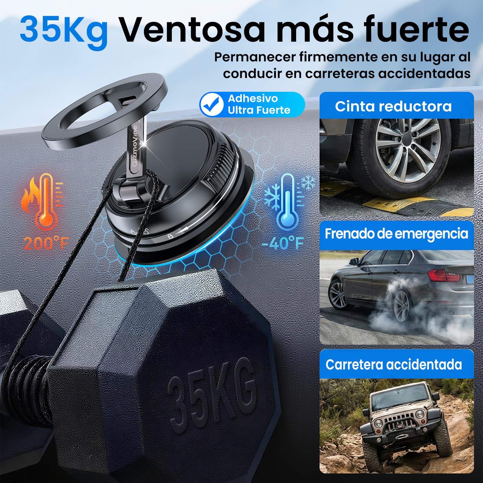 GizmoVine Soporte Móvil Coche MagSafe, 35KG Ventosa Fuerte Reutilizable, Brazo Metálico Plegable, 22X N55 Imanes, Giratorio 360° para Salpicadero/Parabrisas, iPhone 17-12 Android