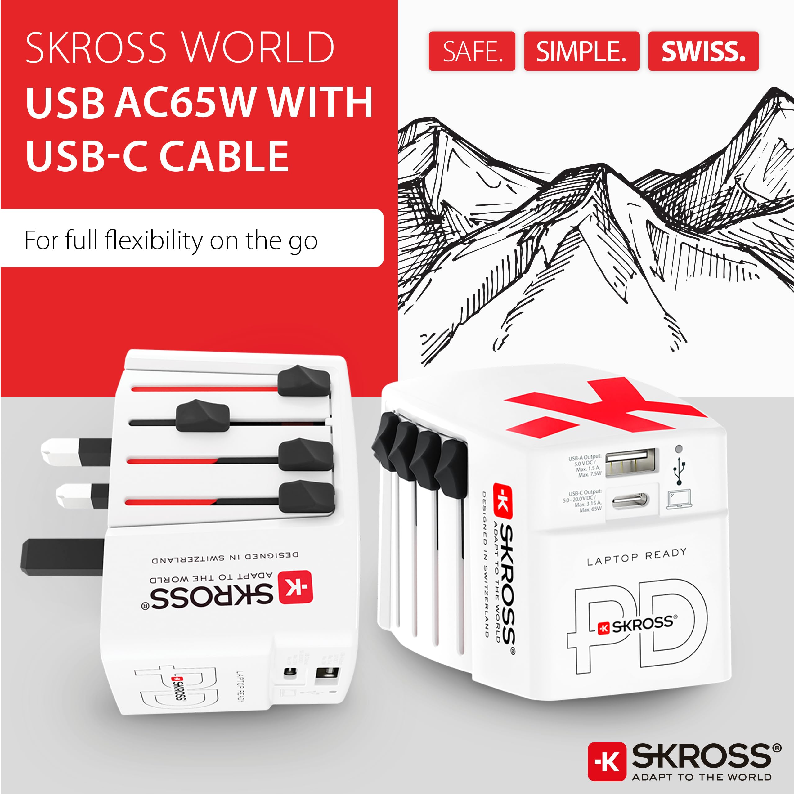SKROSS - World USB Charger AC65PD - Caricabatterie Internazionale da Viaggio da Muro con 2 USB - 65W Fast Charging e Power Delivery - Cavo USB-C da cm Incluso